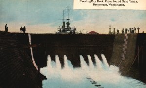 Vintage Postcard 1930's Flooding Dry Dock Puget Sound Navy Yards Bremerton WA