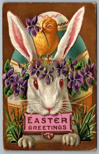 Postcard c1910 Easter Greetings Chick Sitting On Rabbits Head Flowers Embossed