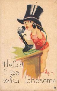 Baby In Top Hat Early Telephone Greeting Lonely Antique Postcard K36019