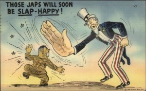 WWII Tall Uncle Sam Slapping Short Japanese Soldier Propaganda Linen Postcard
