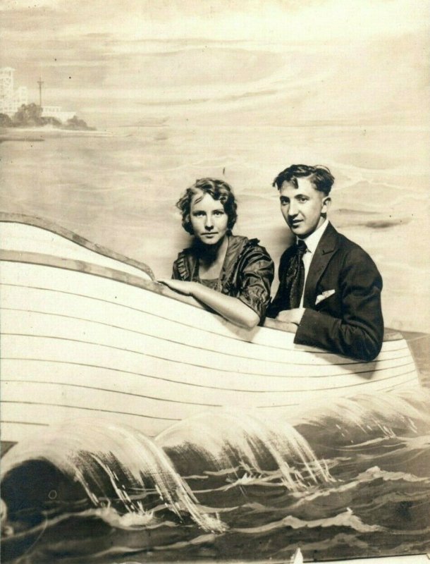 c1910 Couple Riding Boat California Studio Portrait RPPC Photo Antique Postcard