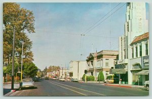 Chico California~1960s Cars~Stores, Radio Tower, Restaurant Awnings, Flag, Bank