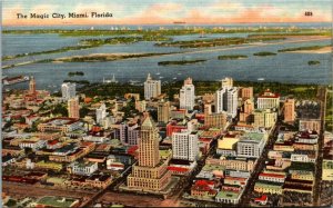 Postcard FL Miami The Magic City Aerial View Population Growth Table 1950 J9