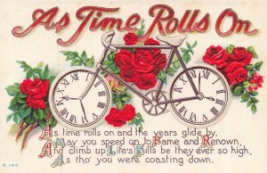 AS TIME ROLLS ON POEM-BICYCLE WHEELS ARE CLOCKS~1910s EMBOSSED POSTCARD