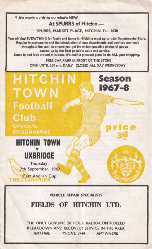 Hitchin Town Vs Uxbridge 1967 East Anglian Cup Football Programme