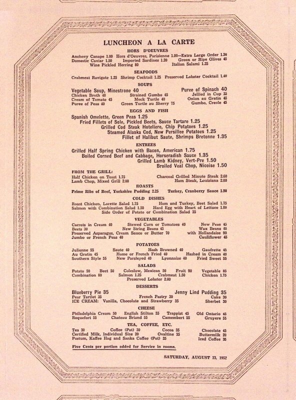 1952 HOTEL VANCOUVER VANCOUVER B.C. CANADA LUNCHEON MENU AUG 23 1952 Z2781