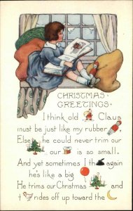 Whitney Christmas Rebus Puzzle Little Boy with Picture Book Vintage Postcard