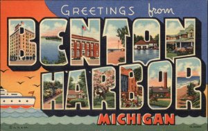 Benton Harbor MI Mich Large Letter Linen Multi-view Vintage Postcard