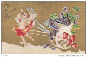 My Hearts Gift, Cupid pulling flower basket wagon, red hearts, violets, shamr...