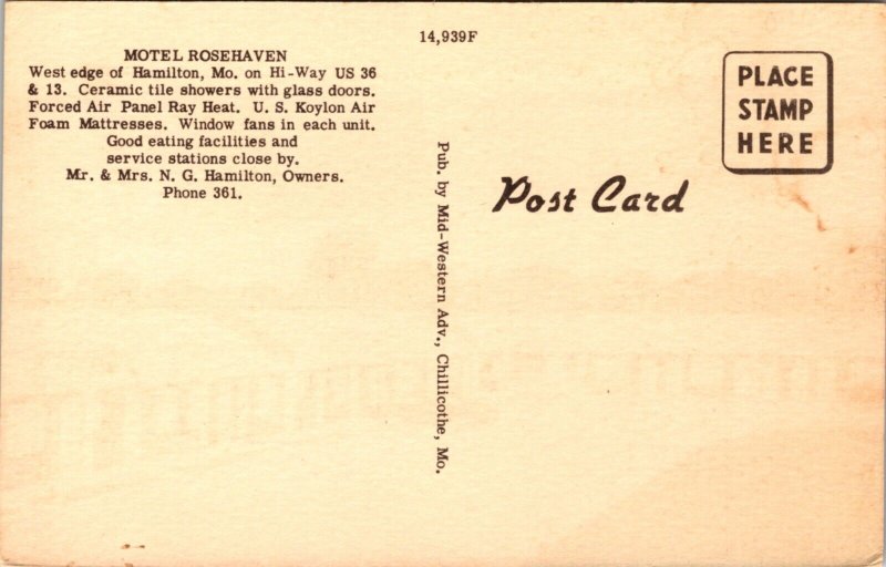 Linen Postcard Motel Rosehaven in Hamilton, Missouri