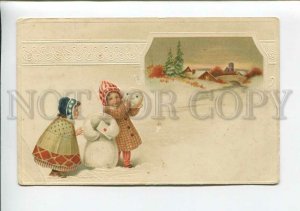 3177654 NEW YEAR Girls SNOWMAN Vintage EMBOSSED PC