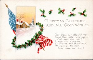 Postcard Gibson Patriotic Christmas - US Flag with Holly on winter Church scene