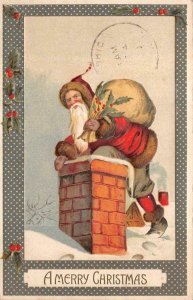 CHRISTMAS HOLIDAY SANTA CLAUS CHIMNEY EMBOSSED POSTCARD 1909