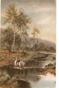 Horse crossing river Old vintage English postcard