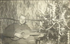 WWI Era Soldier w/ Guitar by Christmas Tree c1915 Real Photo Postcard