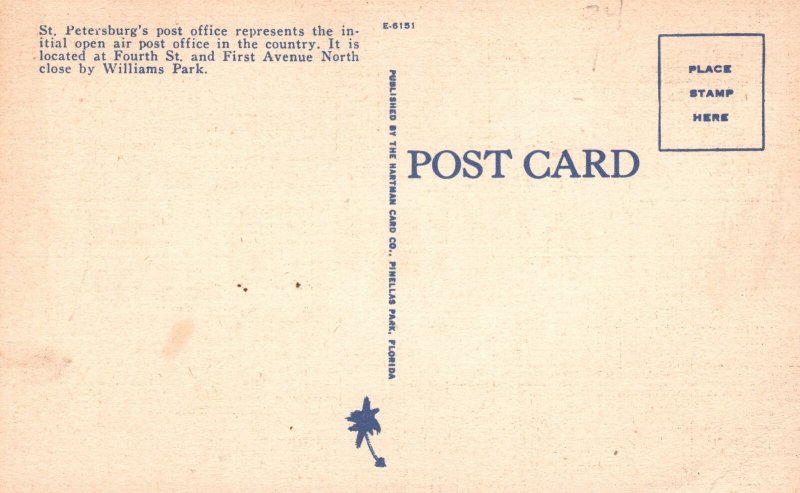 Vintage Postcard First Open Air Post Office In U.S. St. Petersburg Florida FL