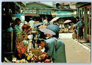 Okinawa Japan Postcard Market Street Vendors Selling Flower and Fruits c1950's