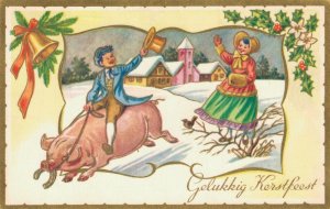 Merry Christmas - Boy Riding a Pig Postcard 03.49