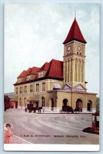 Rock Island Illinois IL Postcard C. B. Q. Station Building Horse Carriage 1910