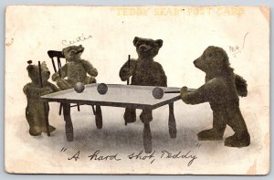Comic~A Hard Shot~Teddy Bears Playing @ Pool Table~PM 1910~Vintage Postcard