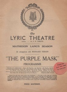 Purple Mask WW1 Margaret Yarde Opera Lyric Theatre Programme