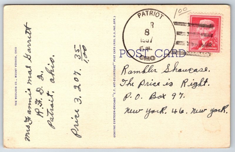 Mount Vernon Ohio~High School Street View~US Flag~PM 1957~Vintage Linen Postcard