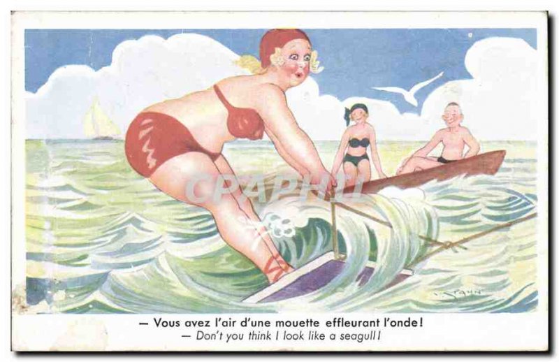 Postcard Old Woman Fantasy Humor Waterskiing
