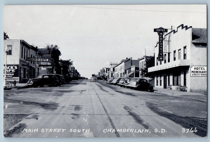 Chamberlain South Dakota Postcard RPPC Photo Main Street South Mack's Cafe Hotel