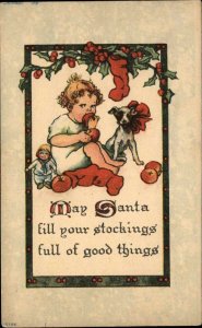 CHRISTMAS Little Girl w Puppy Dog & Dolls c1910 Postcard