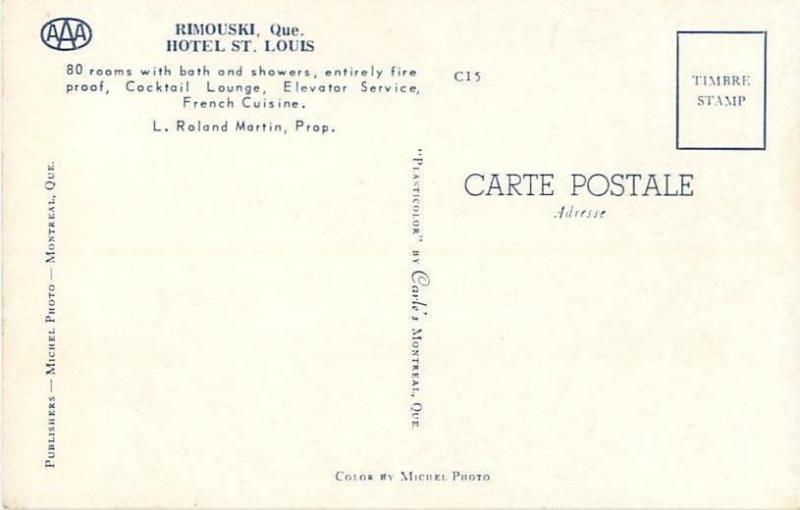 Rimouski, Quebec, Canada Hotel St Louis, L Roland Martin, Prop  Vintage Postcard