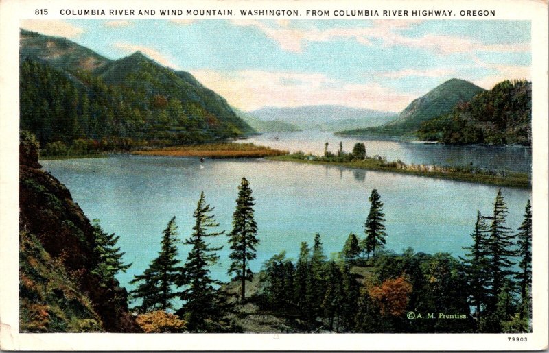 Vintage Postcard White Border Columbia River Wind Mountain Washington WA Highway