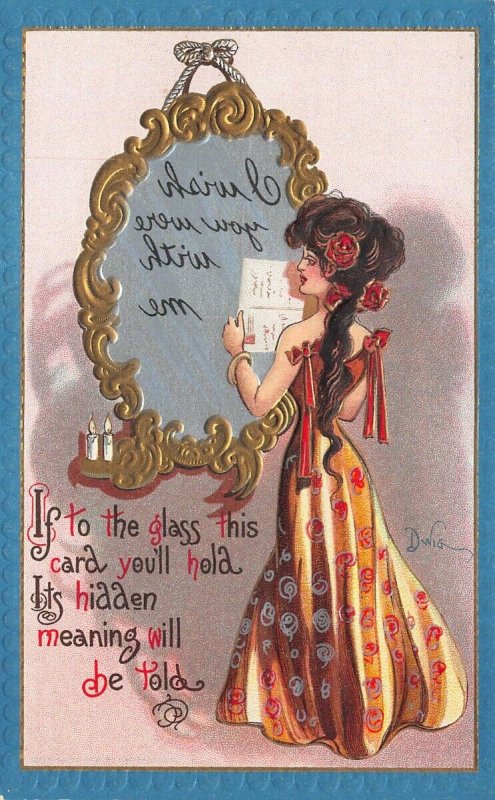 Artist Dwig Beautiful Woman Message in Glass Mirror Comic MINT Postcard 102