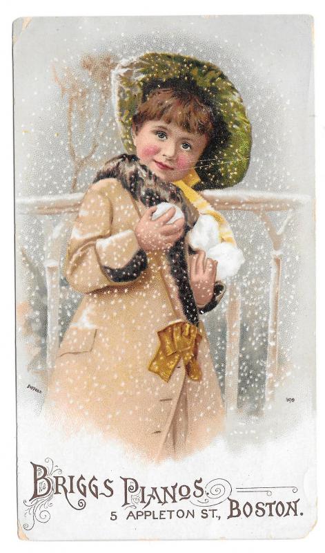 1909 Victorian Trade Card Briggs Pianos Boston MA Pretty Girl Snowballs Winter