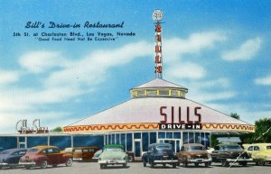 Postcard  View of Old Cars parked at Sill's Drive-In Restaurant, Las Vega, NV.