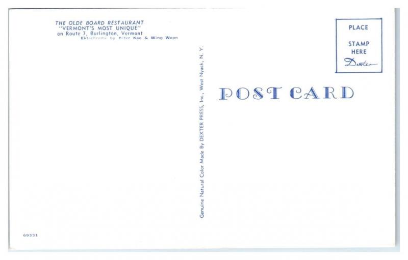 1950s/60s The Olde Board Restaurant, Burlington, VT Postcard