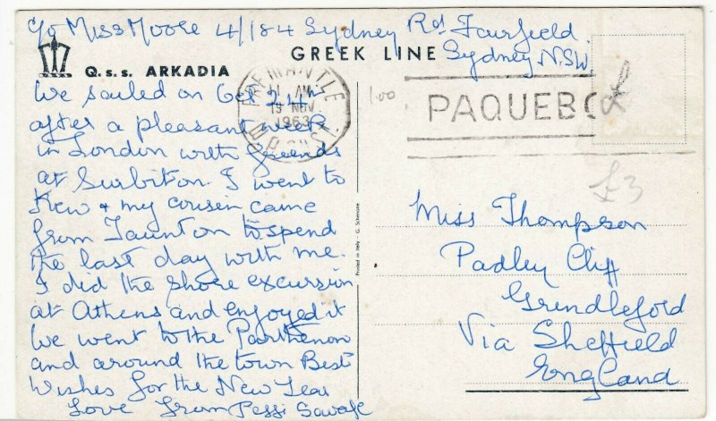 Shipping; Greek Line QSS Arkadia PPC, 1963 PMK, To Miss Thompson, Grindleford 