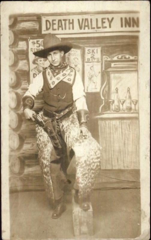 Studio Props Cowboy at Death Valley Inn Gun Holster Chaps c1910 RPPC AZO