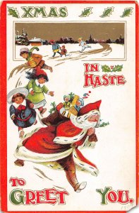 F39/ Santa Claus Merry Christmas Postcard c1910 Running With Kids 18