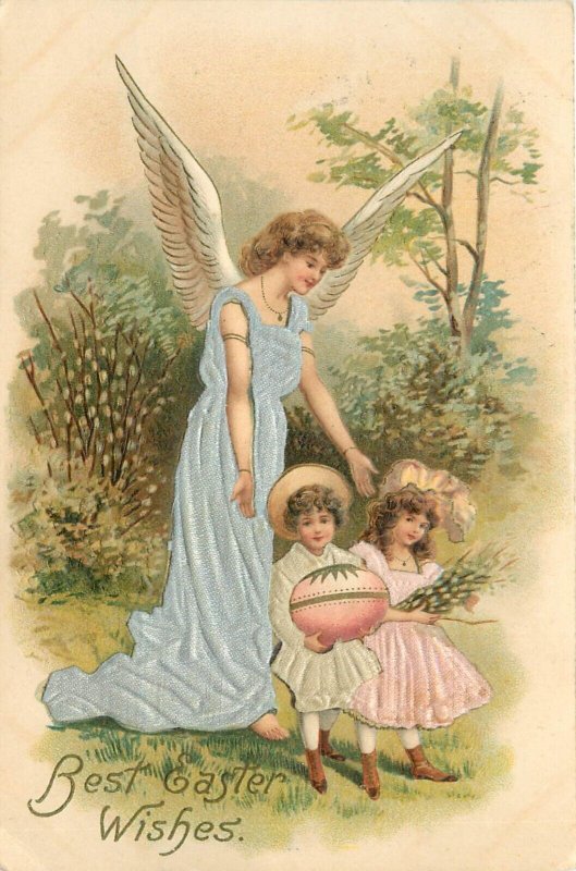 S Langsdorf Easter Postcard; Angel & Children in Silk Applique Dresses, c1908 