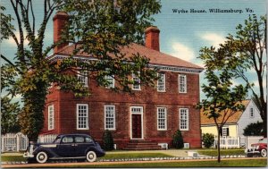 Wythe House Williamsburg VA Virginia Old Car Linen Postcard VTG UNP Tichnor  