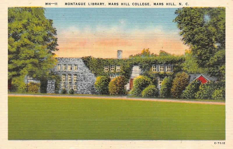 NC, North Carolina  MARS HILL COLLEGE  Montague Library   c1940's Linen Postcard