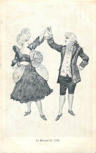 Menuet in 1790 drawn dancing couple costumes 1908 postcard Netherlands