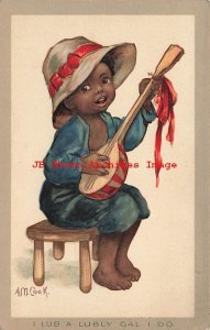 317983-Black European, Faulkner No 1413 F, Signed AM Cook, Boy Playing Mandolin