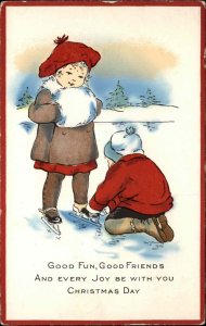 Whitney Christmas Little Boy Helps Girl with Ice Skates Skating Vintage Postcard