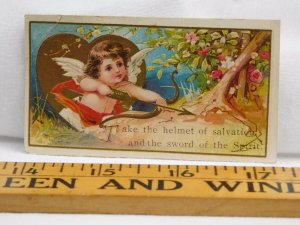 Embossed Victorian Valentine's Trade Card Adorable Cherub Bow & Arrow Trees F37