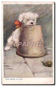 Old Postcard Fantasy Illustrator Dog Look before you leap Snail