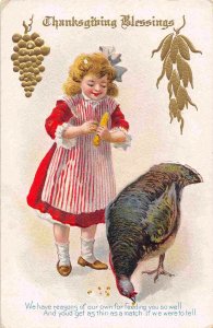 Thanksgiving Day Blessings Turkey Girl 1910c postcard