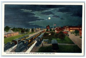 1920 Chicago Burlington Quincy RR Depot Night Hastings Nebraska Vintage Postcard