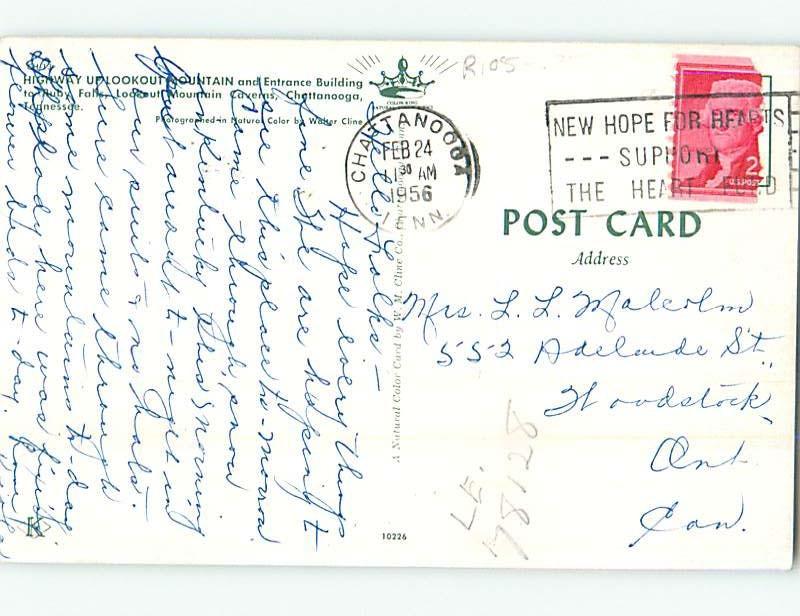 1956 postcard RUBY FALLS SIGN Chattanooga Tennessee TN hn5146