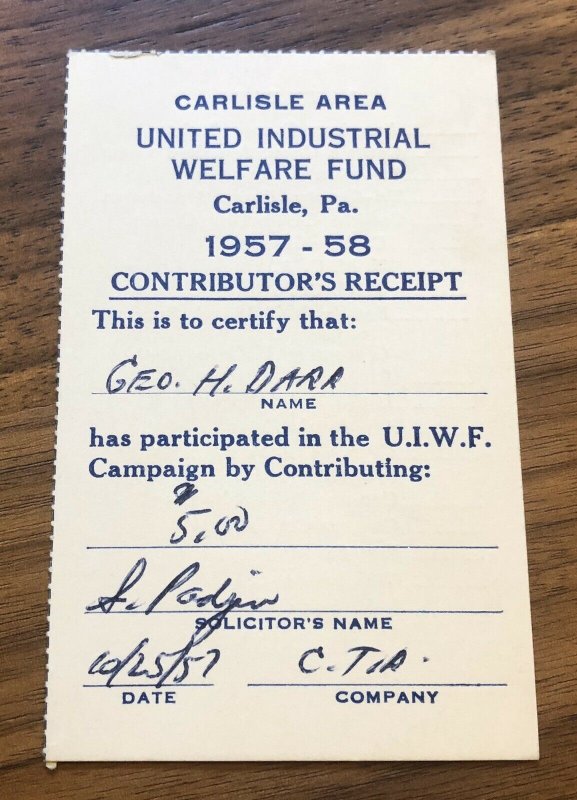 Carlisle , PA - United Industrial Welfare Fund - Card Ticket Receipt 1957-58